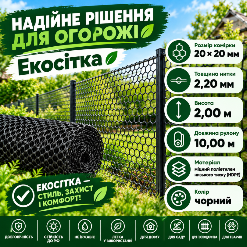 Сітка пластикова вольєрна чорна 20х20мм/2,20мм 2,00м/10,00м