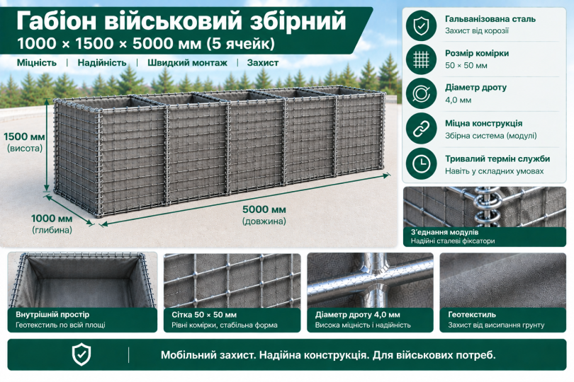 Габіон військовий збірний 1000х1500х5000мм (комірка 50*50*4мм) оцинкований. 2