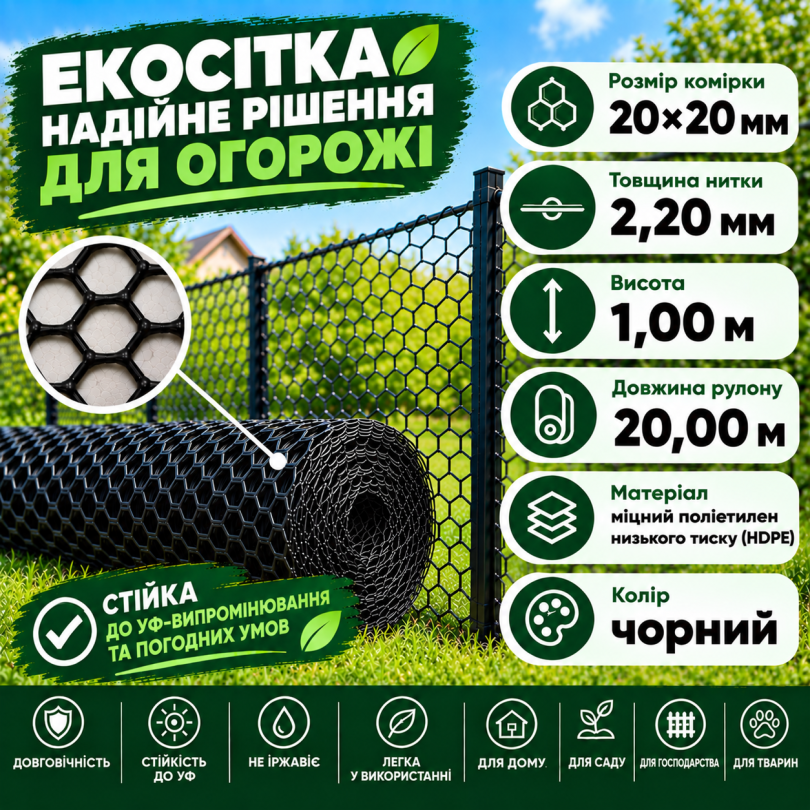 Сітка пластикова вольєрна чорна 20х20мм/2,20мм 1,00м/20,00м