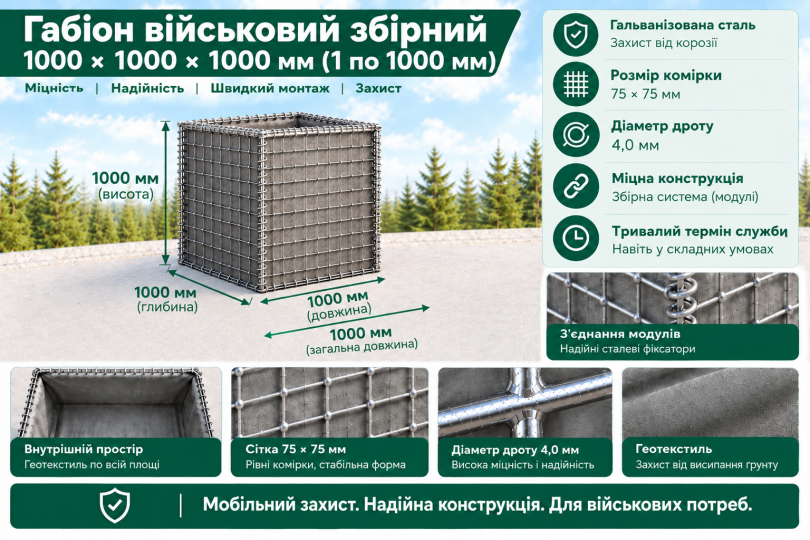 Габіон військовий збірний 1000х1000х1000мм (комірка 75х75х4мм) оцинкований. 2