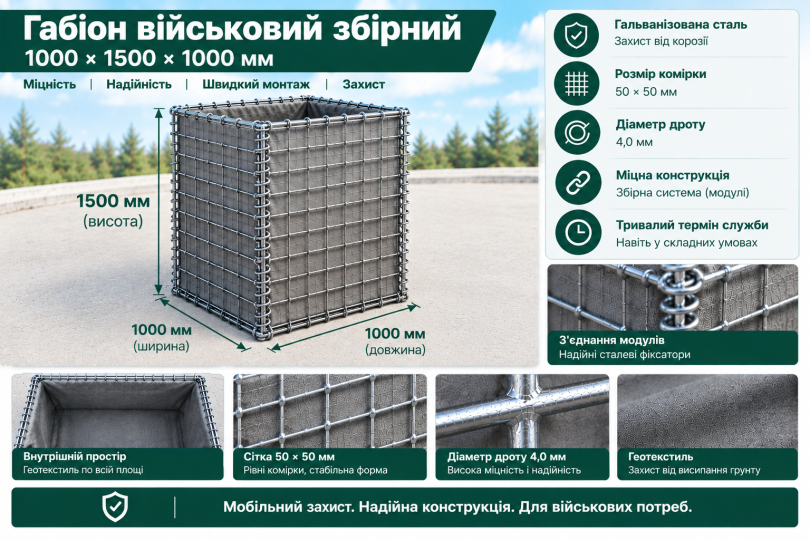 Габіон військовий збірний 1000х1500х1000мм (комірка 50*50*4мм) оцинкований. 2