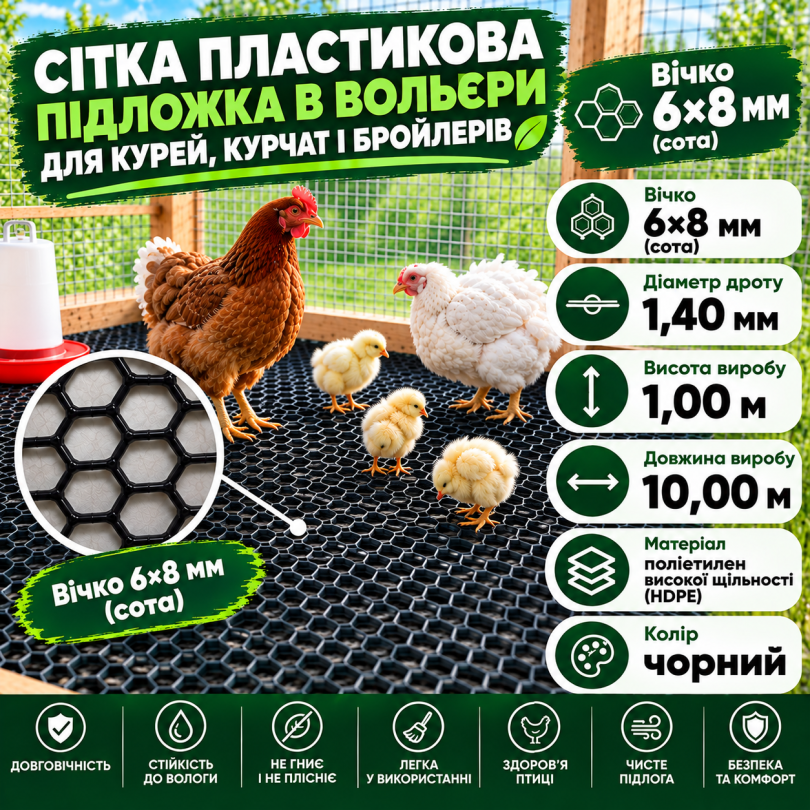 Сітка пластикова для курей, курчат, бройлерів 6х6мм/1,40мм 1,00м/10,00м