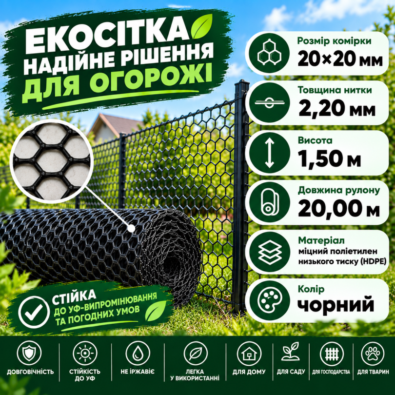 Сетка пластиковая вольерная чорная 20х20мм/2,20мм 1,50м/20,00м