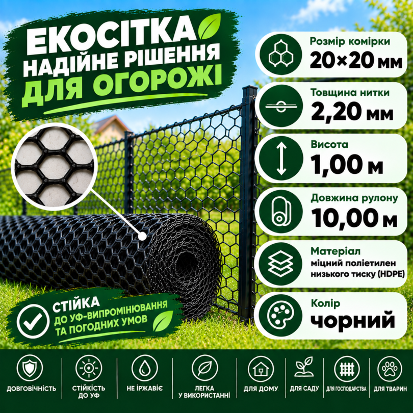 Сітка пластикова вольєрна чорна 20х20мм/2,20мм 1,00м/10,00м