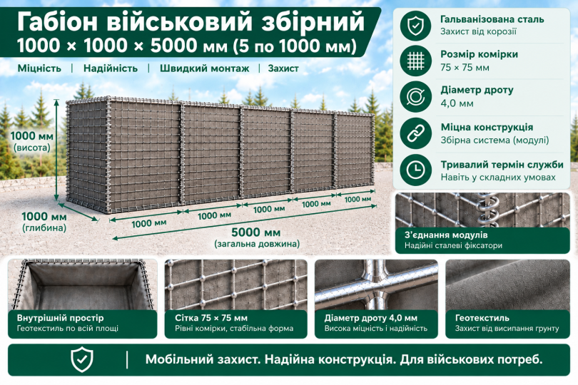 Габіон військовий збірний 1000х1000х5000мм (комірка 75х75х4мм) оцинкований. 2