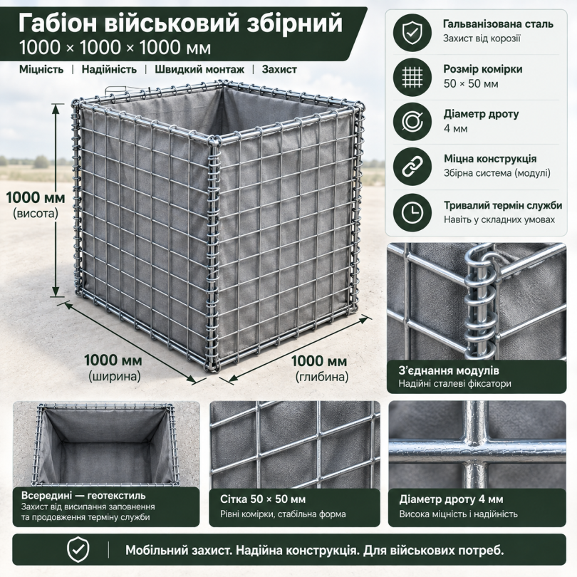 Габион военный сборный 1000х1000х1000мм (ячейка 50х50х4мм) оцинкованный . 2