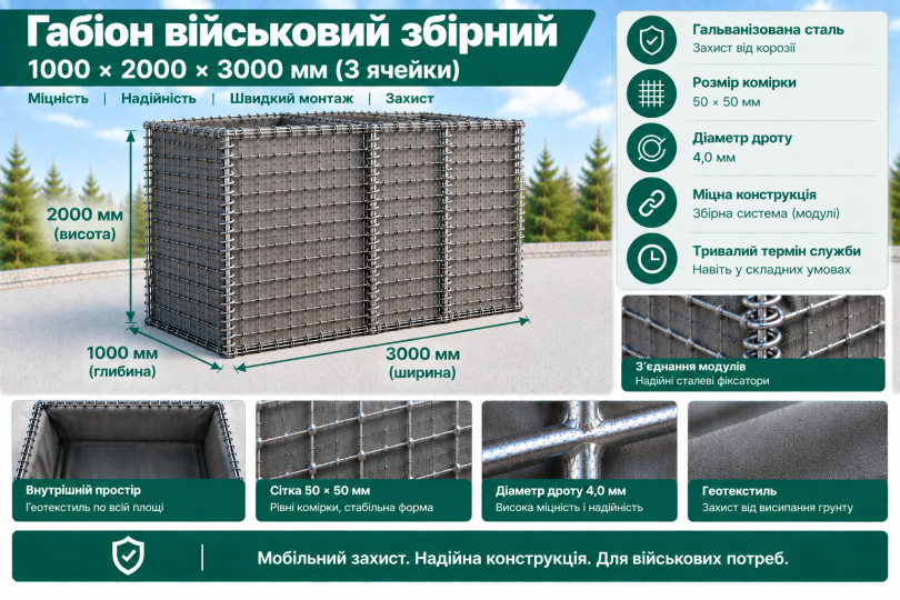 Габіон військовий збірний 1000х2000х3000мм (комірка 50*50*4мм) оцинкований. 2