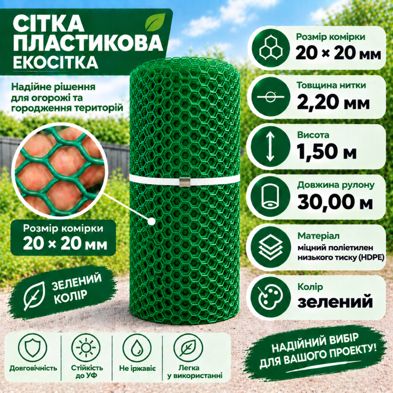 Сетка пластиковая 20х20мм/2,20мм 1,50м/30,00м