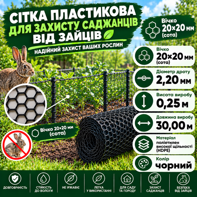 Сітка для захисту саджанців від зайців 20х20мм 0,25х30м