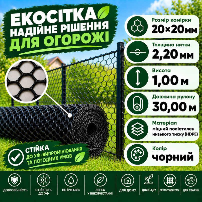Сетка пластиковая вольерная чорная 20х20мм/2,20мм 1,00м/30,00м