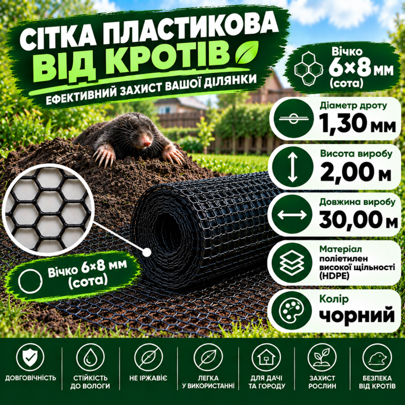 Сетка пластиковая от кротов 6х8мм/1,3мм 2,00м/30,00м