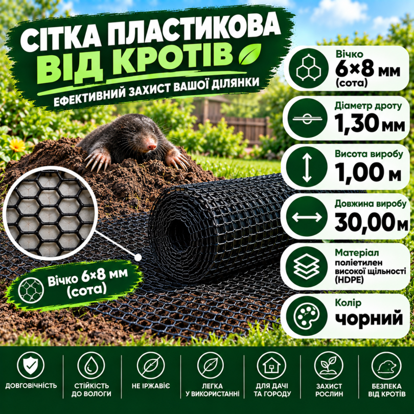 Сітка пластикова від кротів	6х8мм/1,3мм 1,00м/30,00м