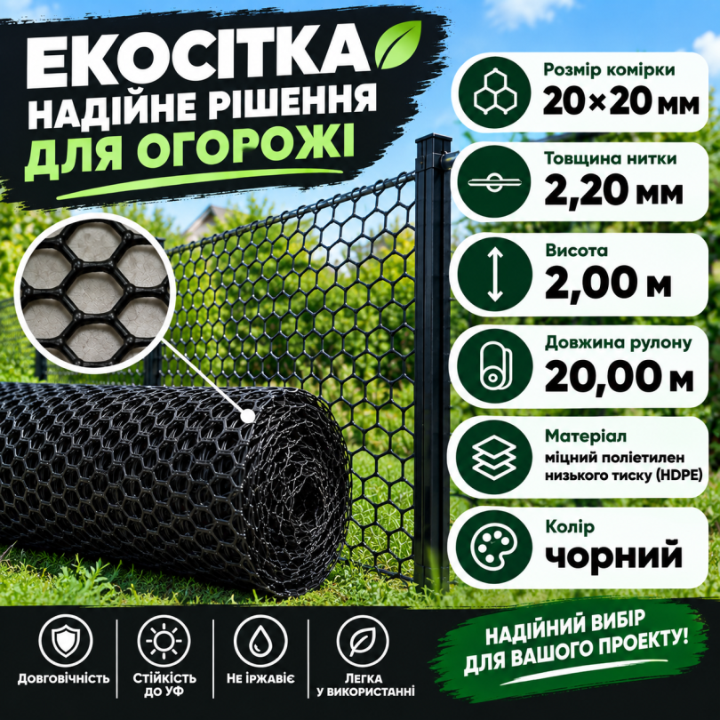 Сітка пластикова вольєрна чорна 20х20мм/2,20мм 2,00м/20,00м