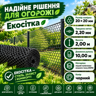 Сітка пластикова вольєрна чорна 20х20мм/2,20мм 2,00м/10,00м
