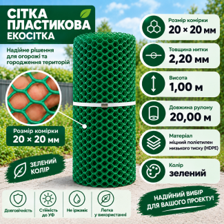 Сітка пластикова вольєрна 20х20мм/2,20мм 1,00м/20,00м