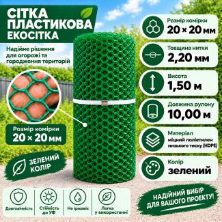 Сітка пластикова вольєрна 20х20мм/2,20мм 1,50м/10,00м