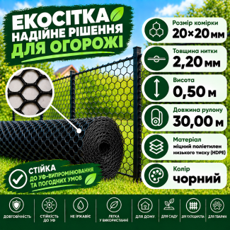 Сітка пластикова вольєрна чорна 20х20мм/2,20мм 0,50м/30,00м