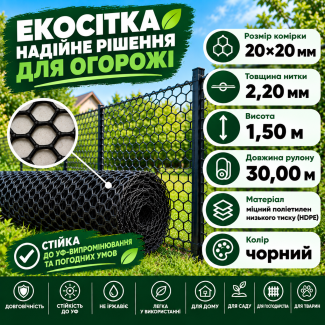 Сітка пластикова вольєрна чорна 20х20мм/2,20мм 1,50м/30,00м