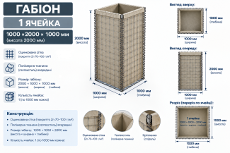 Габіон військовий збірний 1000х2000х1000мм (комірка 50*50*4мм) оцинкований.
