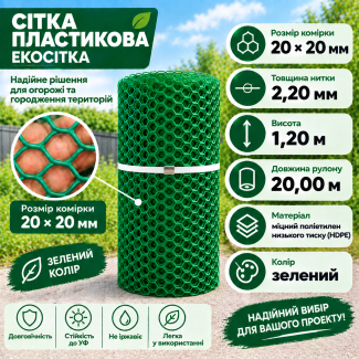 Сітка пластикова вольєрна 20х20мм/2,20мм 1,50м/20,00м
